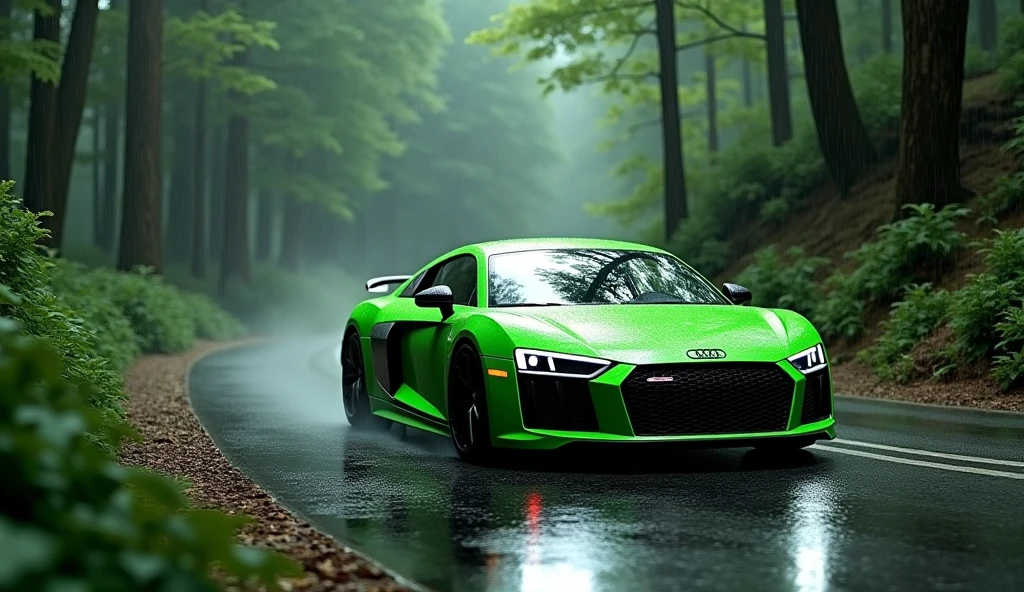 audi r8 green colour on the road of forest with rain
