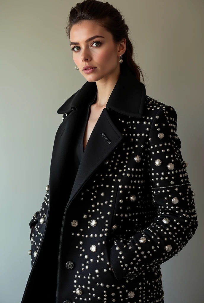 European woman model wearing a coat with rhinestones and studs