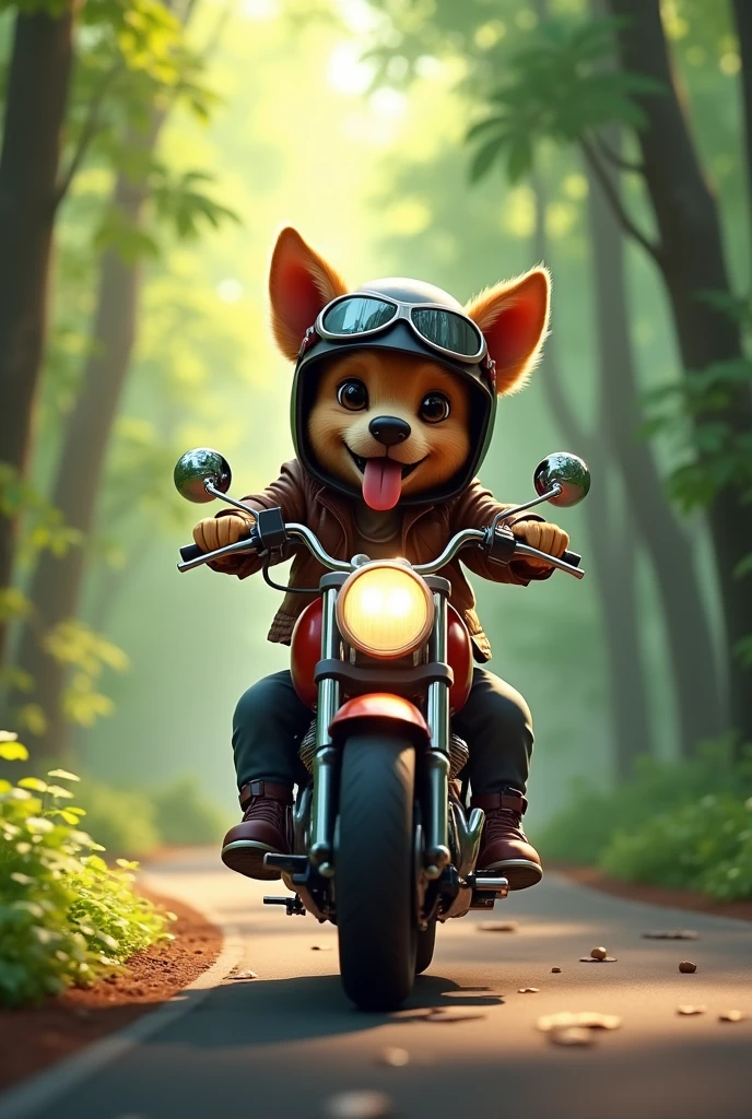 A dog wearing biker clothes riding a motorcycle on a beautiful road in the middle of the forests.
