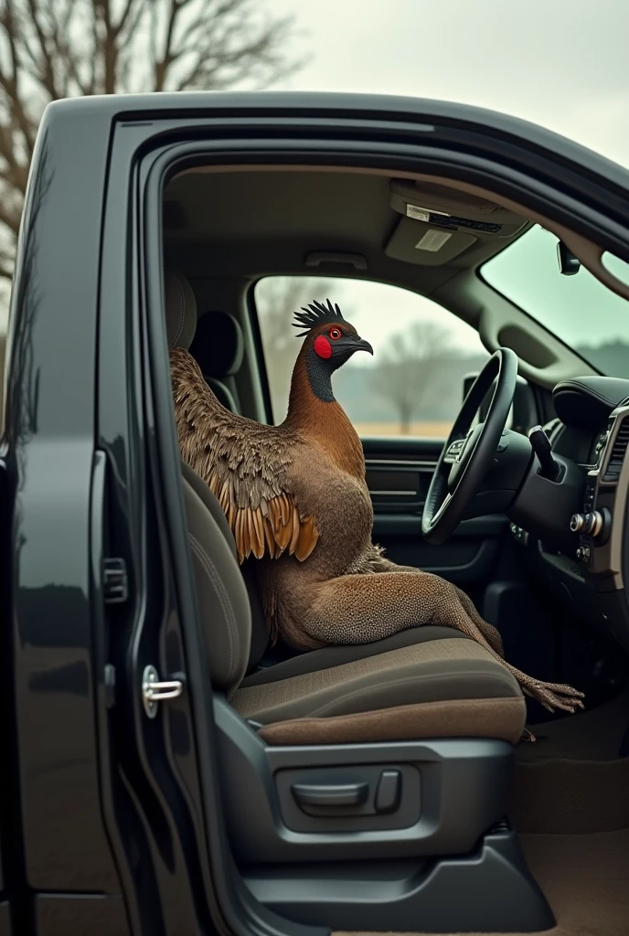 Make a Brazilian partridge (rhynchotus rufescens ) driving with the wings a black RAM 3500 the partridge driving with the wings the partridge INSIDE THE CAR perfectly and with the WINGS HOLDING THE STEERING WHEEL NOT THE LEGS and REMOVE THIS RED PART ON THE FACE and remove the plume but the image outside