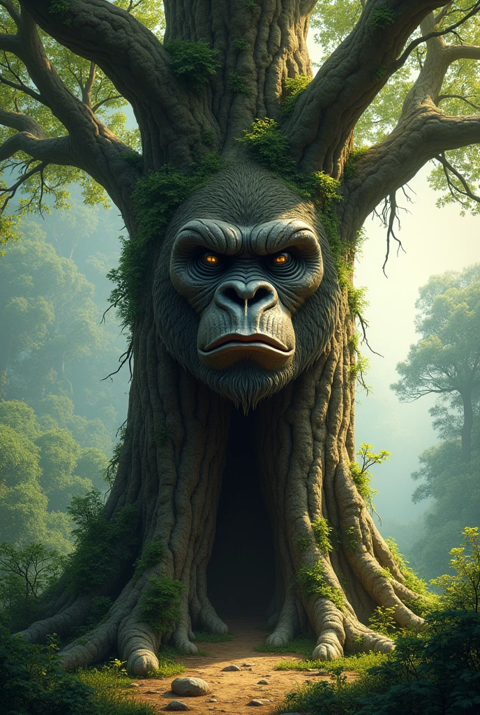 Tree with a gorilla face carved into it