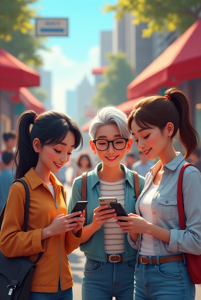 "Create an image showcasing people using their smartphones to access services like Uber, iFood, and Airbnb. Depict a modern, urban environment with individuals engaged in various activities involving these apps. For instance, show someone in a ride-sharing vehicle, looking at their phone to confirm their Uber ride; another person could be waiting at home for their iFood delivery, checking the app for updates; and a third individual might be browsing through Airbnb listings on their phone, possibly with a laptop open nearby. Incorporate elements like app interfaces visible on the screens, and include vibrant, everyday settings such as a city street, a cozy home, or a café. Use clear, natural lighting and bright colors to emphasize the convenience and integration of these digital services into daily life."








