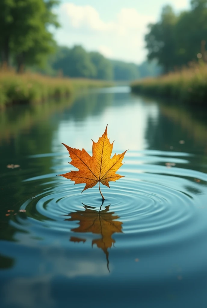 Draw me a picture of a leaf drifting down the river 
