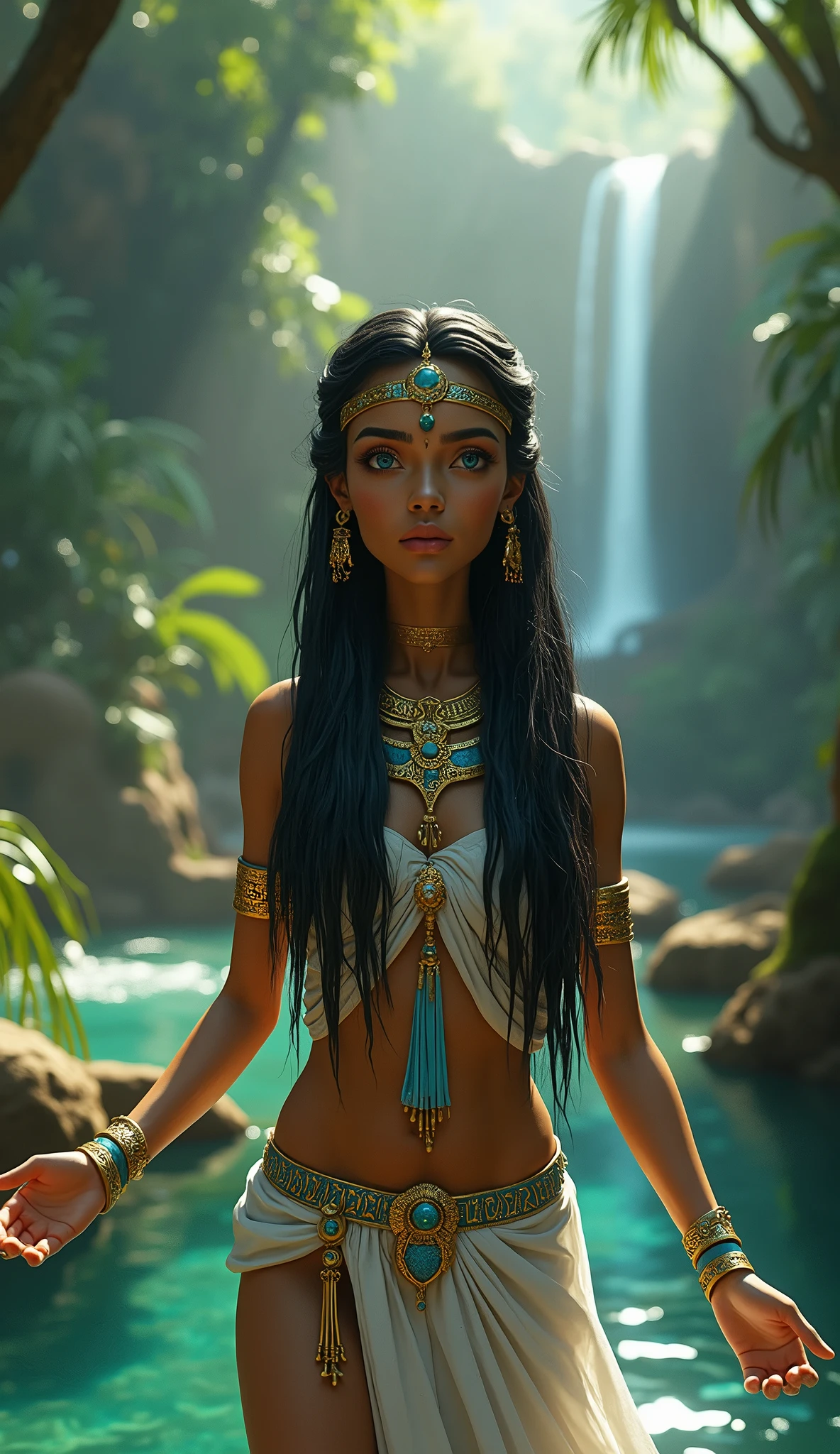 Show Tefnut in a water-themed environment with light brown skin, deep blue eyes, and long black hair. She should be depicted in traditional Egyptian attire with gold accents and water-themed motifs. The scene should reflect her nurturing role in Egyptian mythology. Use masterpiece, best quality, CG, wallpaper, HDR, high quality, ultra detailed face, cinematic, high detail, 8k, raw, high, artstation HQ, unreal engine, octane renderer, 4k resolution, hyperrealistic, highly detailed, and absurdres settings