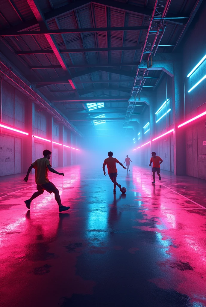 5-a-side football pitch in a warehouse with neon lights