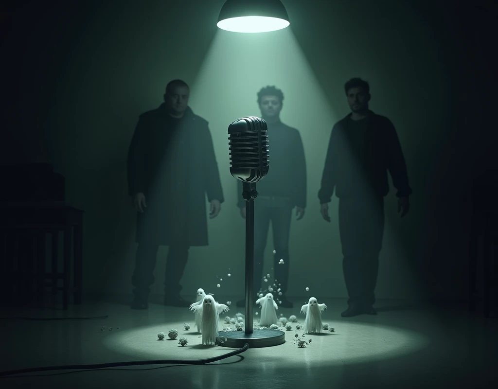 Make a dark room with a lamp above making it throw light towards the floor, the light reveals a microphone, Little ghosts and monsters come out of the microphone, Behind the microphone there are three silhouettes of two men and a woman
