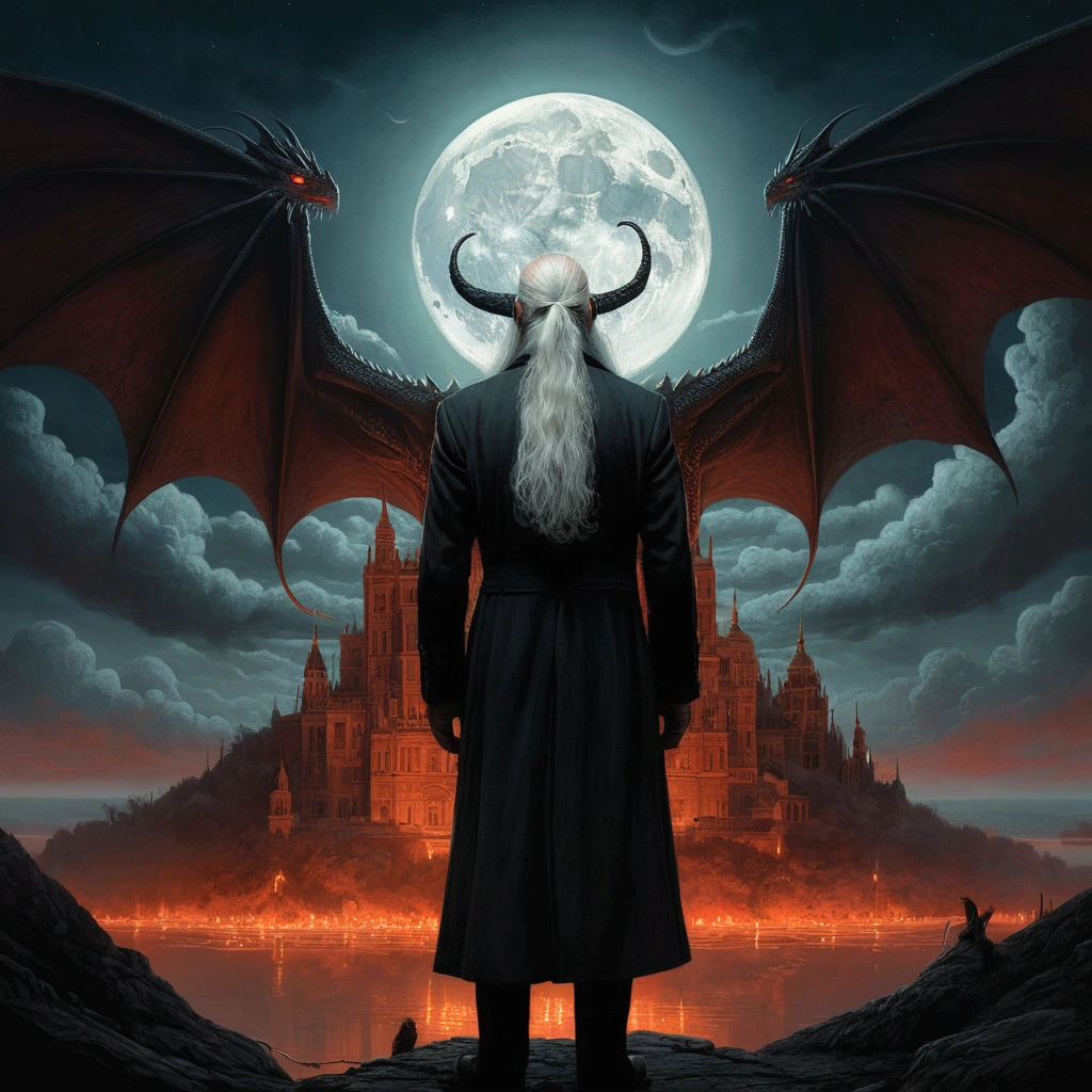 Describe the terrifying yet fascinating atmosphere of the underworld., where pointed buildings lit by firelight are arranged around a red river and burning earth,
From behind an old man with long white hair, with a black winged dragon in the middle of a full moon background, and mumford tom bagshaw, and mumford tom bagshaw, dark surreal art, detailed 4k horror artwork, beksinski and dan mumford, el bosco and and mumford, dark surreal art, surreal horror art, surreal dark fantasy, unpleasant fantasy illustration, anton fadeev and dan mumford