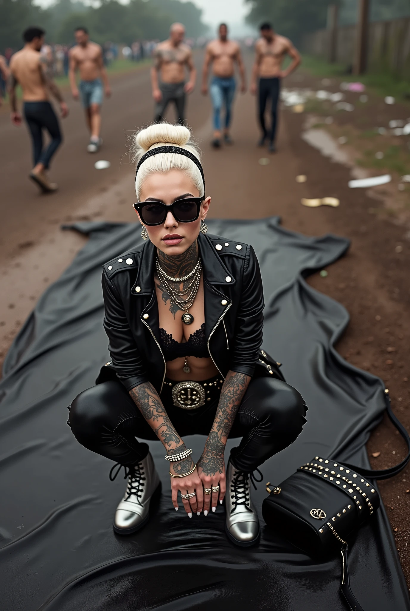 Anglosaxon old milf woman, , blonde platinum hair (beehive bun, black parsley headband), with very light green eyes, extremely pale. .Wearing oversized square black maxisunglasses Wearing studded cropped black moto jacket (verical zippers on the sides,skull badges on sleeves). Black lace push up bra, skinny leather jeans. Silver Chelsea boots with cuban heels. Lots of thick wide studded bracelets, chain collars and big rings. Tacky wide studded leather belt, with big skull and bones round buckle. Long earrings with chains. Squatting on a large torm, dirty usa flag, looking at the photographer. Craving heavily. Hands on knees. Waste and trash all over the floor. Her studded leather bag, thron away. Looking at the camera, chin up. Toned abdominals, thin neck, slim legs and thin arms. Neck, chest, belly, hands and arms completely tattoed. Dirt road of Nairobi after the rain, puddles on the ground,crowded with muscular shirtless men in jeans, street full of puddles and garbage. Her studded black leather bag is a few metres behind her