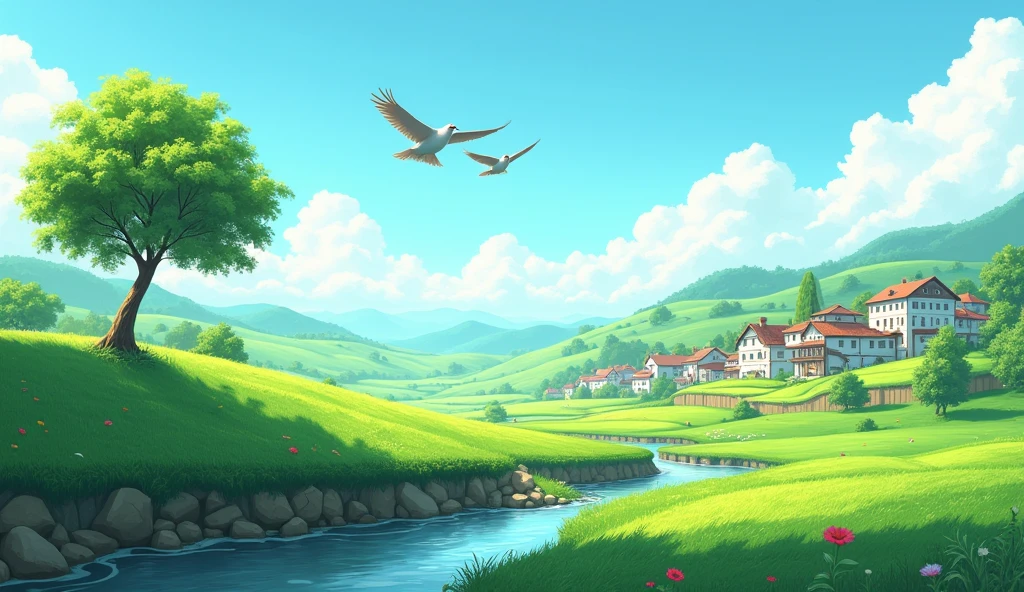 a beautiful modern village, rolling hills, tree on the left, fields, 2 birds on the tree , small red flower,blue sky, masterpiece , detailed landscape, vivid , 8k, highly detailed, realistic,