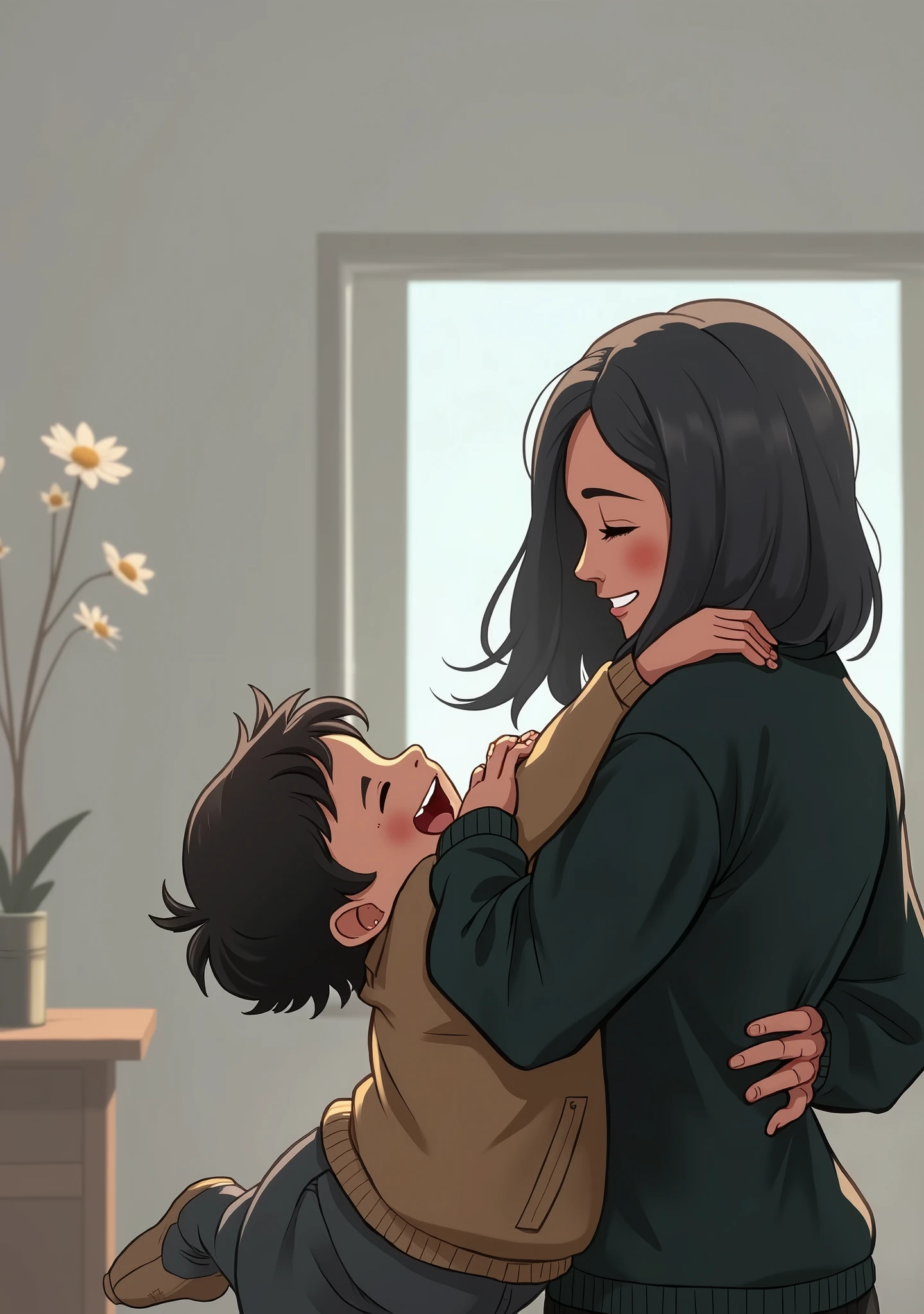 Child happily hugging woman