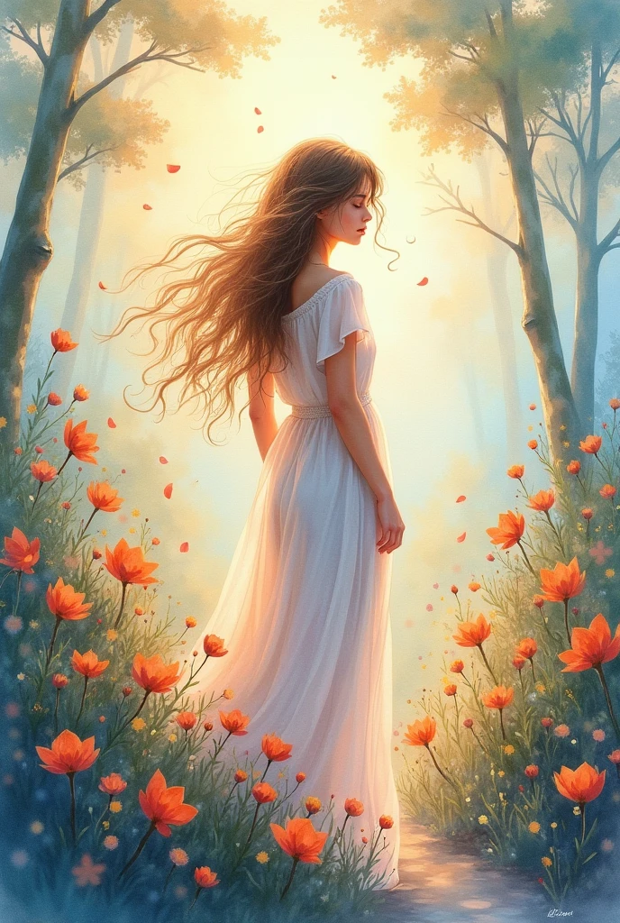 A (((watercolor painting))) featuring a (((beautiful girl))) with flowing (((long, messy hair))), set against a backdrop of a (((fantastical landscape))) where the atmosphere is as soft as the gentle breeze that carries delicate ((flower petals)) and (full form reveals a serene expression) that reflects a mix of (magical artistry) and (ethereal naturalism). The scene extends into a (dreamlike distance) where (fantastical plants and trees) meld into the (fantastical sky), blending with the (softly glowing natural lighting) to create a (softly diffused magical glow) that envelops the whole composition in a (soft, vibrant fantasy color palette)