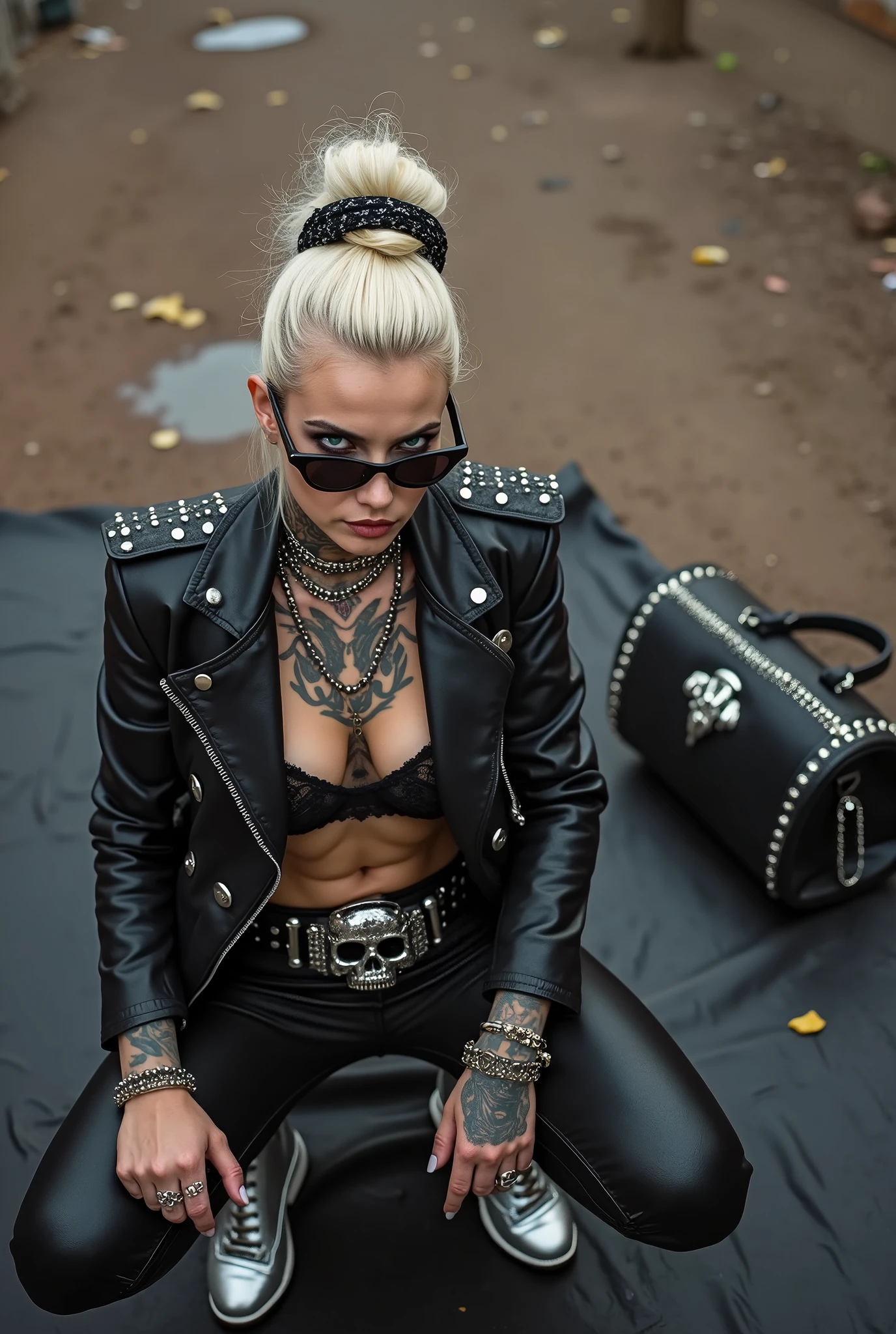 Anglosaxon old milf woman, , blonde platinum hair (beehive bun, black parsley headband), with very light green eyes, extremely pale.  .Wearing oversized square black maxisunglasses Wearing studded cropped black moto jacket (verical zippers on the sides,skull badges on sleeves). Black lace push up bra, skinny leather jeans. Silver Chelsea boots with cuban heels. Lots of thick wide studded  bracelets, chain collars and big rings. Tacky wide studded leather belt, with big skull and bones round buckle. Long earrings with chains. Squatting on a large torm, dirty  usa flag, looking at the photographer. Craving heavily. Hands on knees. Waste and trash all over the floor. Her studded leather bag, thron away. Looking at the camera, chin up. Toned abdominals, thin neck, slim legs and thin arms. Neck, chest, belly, hands and arms completely tattoed. Dirt road of Nairobi after the rain,  puddles on the ground,crowded with muscular shirtless men in jeans, street full of puddles and garbage. Her studded black leather bag is a few metres behind her