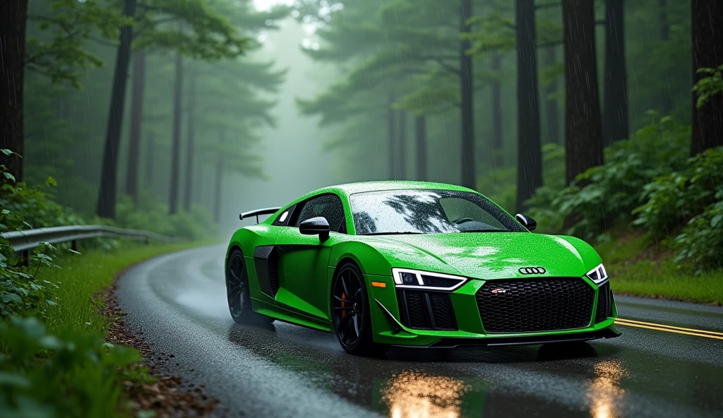 audi r8 green colour on the road of forest with rain