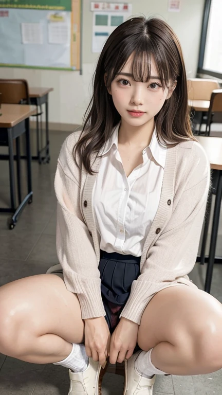 Fascinating anime, [ 4K Digital Art ]!!,Hyperrealistic Painting, Art with attention to detail, 8K High Resolution, Detailed Art,Curvy Tanned Gal,(puppet,Thick lips:1.2),Dress shirt,cardigan,,Side details,Pleated skirt,Brown Loafers,Blonde Hair,(Dark Skip:1.3),loose socks,Sweaty,close,Squatting on a desk,In the classroom,(Blushed),、((Spread your legs、Panties in full view))