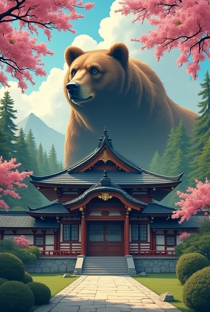 In the foreground a Japanese temple with flower branches from the side and above the temple in the background a roaring grizzly bear is said to be above the temple