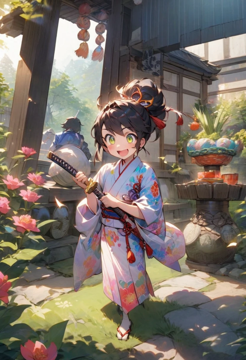 A young samurai with an exaggeratedly flamboyant kimono, standing in a playful pose in a traditional Japanese garden. The kimono is brightly colored with overly intricate patterns, and the samurai’s expression is one of exaggerated confidence and mischief. They are holding a katana in a humorous, exaggerated manner, as if posing for a picture rather than preparing for battle. The garden setting is vibrant and slightly whimsical, enhancing the playful tone.