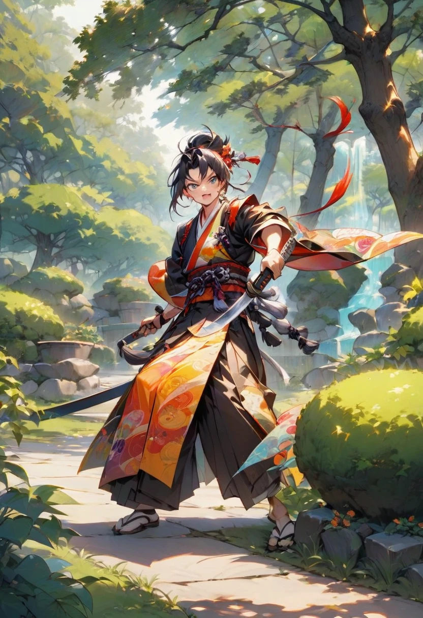 A young samurai with an exaggeratedly flamboyant kimono, standing in a playful pose in a traditional Japanese garden. The kimono is brightly colored with overly intricate patterns, and the samurai’s expression is one of exaggerated confidence and mischief. They are holding a katana in a humorous, exaggerated manner, as if posing for a picture rather than preparing for battle. The garden setting is vibrant and slightly whimsical, enhancing the playful tone.