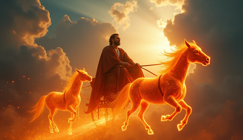 A highly detailed and realistic thumbnail for YouTube showing the prophet Elijah seated in a fiery chariot being pulled by majestic, fiery horses. Elijah is depicted with flowing robes, sitting calmly in the chariot, looking straight ahead. The chariot and horses are ablaze with vibrant flames, with sparks and trails of fire following them. Surrounding them are dramatic clouds with rays of divine light breaking through. The background includes a deep, rich blue sky with a gradient of orange and red from the flames, creating a striking contrast. Add a curiosity-inducing and attractive text overlay in bold, contrasting colors. Ensure the scene is cinematic and ultra-realistic with fine details, but do not include any symbols or text about 8K