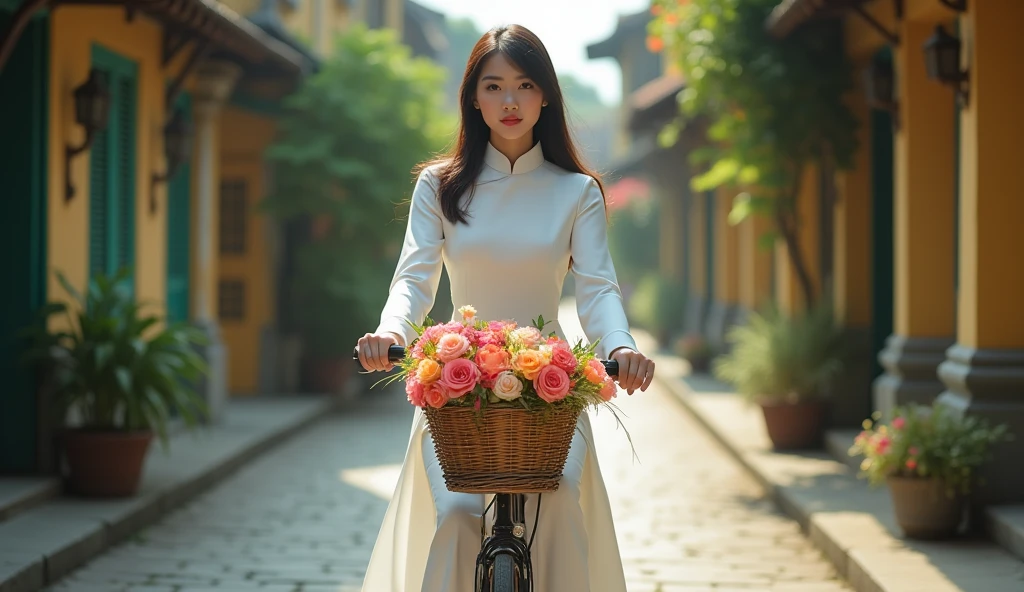 Make a photo of a Vietnamese female model wearing a white Ao Dai. Riding a bike on an old street. 50mm lens. bright. realistic. Focus your eyes well. Make a basket and a bouquet of flowers in front of the bike. Wide angle.