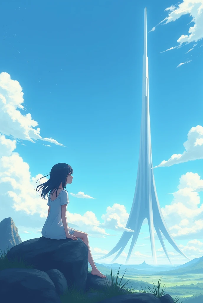Anime girl sitting on a rock and looking at the sky,In the distance there is a tower reaching up into the sky, Shinkai Makoto cyril rolando, Anime Art Wallpaper 4K, Anime Art Wallpaper 4K, Cyril Rolando and Goro Fujita, anime art wallpaper 8 k, 4k anime wallpaper, Anime Wallpaper 4K, Anime Wallpaper 4K, ( ( Shinkai Makoto ) ), Shinkai Makoto!