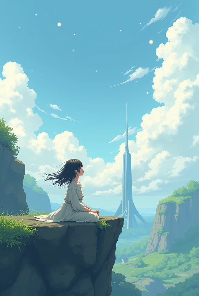 Anime girl sitting on a rock and looking at the sky,In the distance there is a tower reaching up into the sky, Shinkai Makoto cyril rolando, Anime Art Wallpaper 4K, Anime Art Wallpaper 4K, Cyril Rolando and Goro Fujita, anime art wallpaper 8 k, 4k anime wallpaper, Anime Wallpaper 4K, Anime Wallpaper 4K, ( ( Shinkai Makoto ) ), Shinkai Makoto!