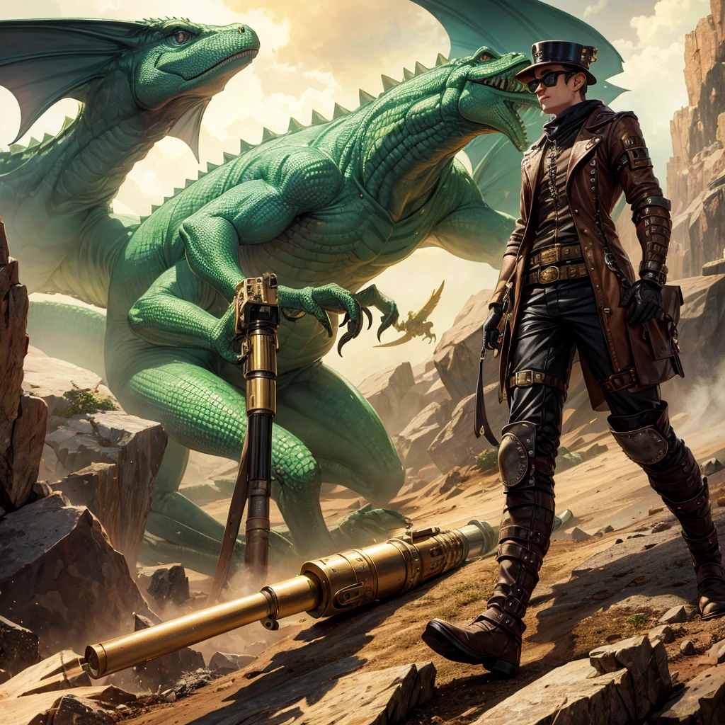 A lizzard with humanoid Body in a Steampunk armor and sunglasses Holding a Bazooka