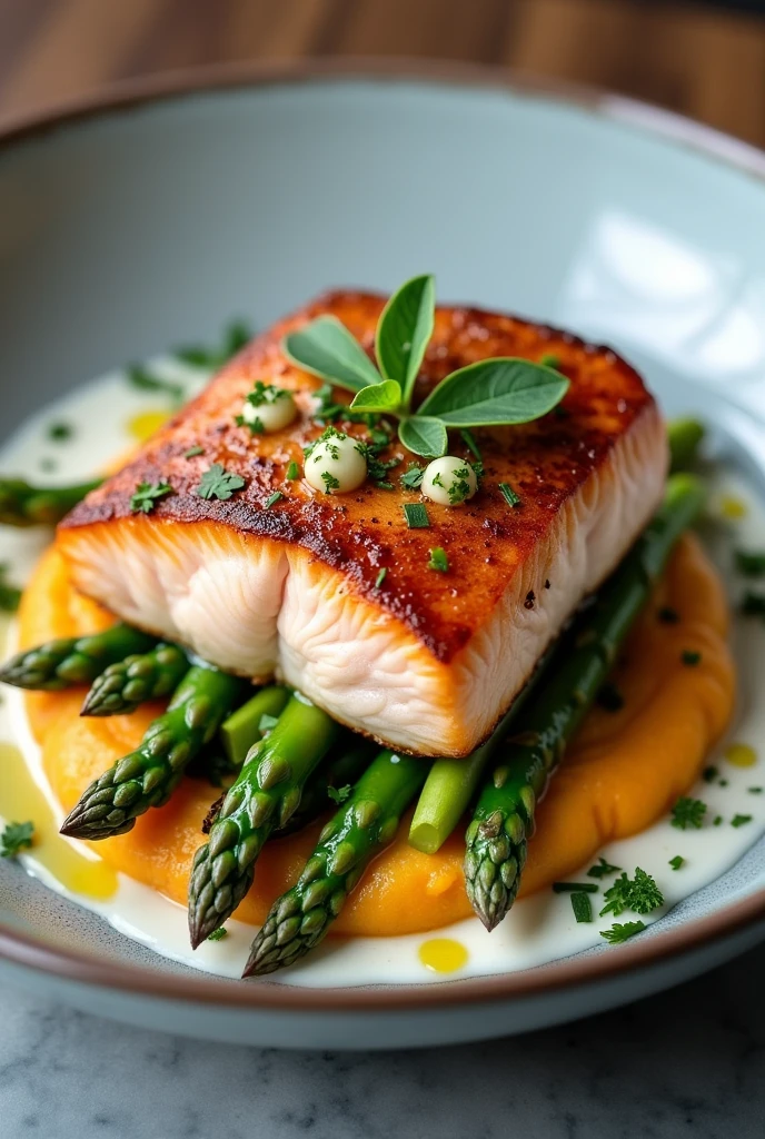 Salmon confit on asparagus, white sauce, herb oil and sweet potato puree