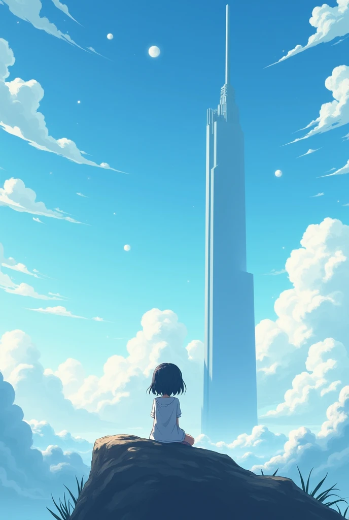 Anime girl sitting on a rock and looking at the sky,In the distance there is a tower reaching up into the sky, Shinkai Makoto cyril rolando, Anime Art Wallpaper 4K, Anime Art Wallpaper 4K, Cyril Rolando and Goro Fujita, anime art wallpaper 8 k, 4k anime wallpaper, Anime Wallpaper 4K, Anime Wallpaper 4K, ( ( Shinkai Makoto ) ), Shinkai Makoto!