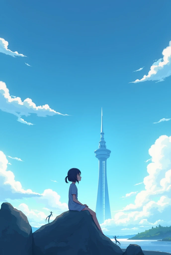 Anime girl sitting on a rock and looking at the sky,In the distance there is a tower reaching up into the sky, Shinkai Makoto cyril rolando, Anime Art Wallpaper 4K, Anime Art Wallpaper 4K, Cyril Rolando and Goro Fujita, anime art wallpaper 8 k, 4k anime wallpaper, Anime Wallpaper 4K, Anime Wallpaper 4K, ( ( Shinkai Makoto ) ), Shinkai Makoto!