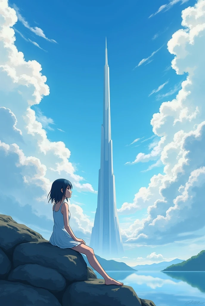 Anime girl sitting on a rock and looking at the sky,In the distance there is a tower reaching up into the sky, Shinkai Makoto cyril rolando, Anime Art Wallpaper 4K, Anime Art Wallpaper 4K, Cyril Rolando and Goro Fujita, anime art wallpaper 8 k, 4k anime wallpaper, Anime Wallpaper 4K, Anime Wallpaper 4K, ( ( Shinkai Makoto ) ), Shinkai Makoto!