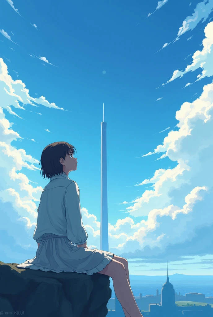 Anime girl sitting on a rock and looking at the sky,In the distance there is a tower reaching up into the sky, Shinkai Makoto cyril rolando, Anime Art Wallpaper 4K, Anime Art Wallpaper 4K, Cyril Rolando and Goro Fujita, anime art wallpaper 8 k, 4k anime wallpaper, Anime Wallpaper 4K, Anime Wallpaper 4K, ( ( Shinkai Makoto ) ), Shinkai Makoto!