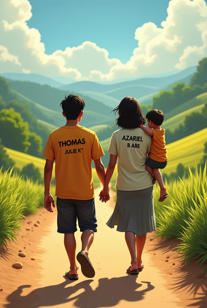 man and his wife working home to there village with their baby boy..on the man's T shirt write Jnr Thomas and his wife T shirt write Julie k and the baby boy T shirt write Azariel B Abe.