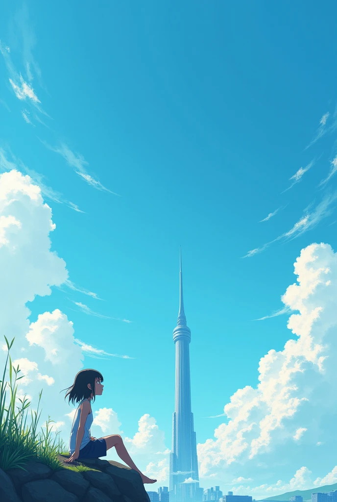 Anime girl sitting on a rock and looking at the sky,In the distance there is a tower reaching up into the sky, Shinkai Makoto cyril rolando, Anime Art Wallpaper 4K, Anime Art Wallpaper 4K, Cyril Rolando and Goro Fujita, anime art wallpaper 8 k, 4k anime wallpaper, Anime Wallpaper 4K, Anime Wallpaper 4K, ( ( Shinkai Makoto ) ), Shinkai Makoto!