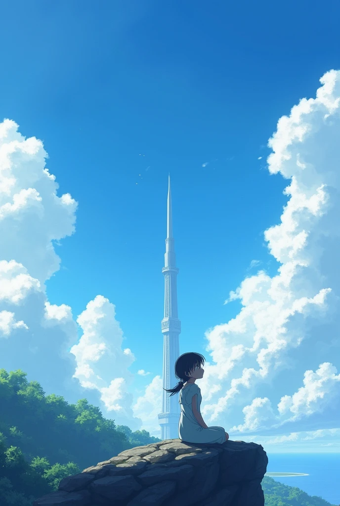 Anime girl sitting on a rock and looking at the sky,In the distance there is a tower reaching up into the sky, Shinkai Makoto cyril rolando, Anime Art Wallpaper 4K, Anime Art Wallpaper 4K, Cyril Rolando and Goro Fujita, anime art wallpaper 8 k, 4k anime wallpaper, Anime Wallpaper 4K, Anime Wallpaper 4K, ( ( Shinkai Makoto ) ), Shinkai Makoto!