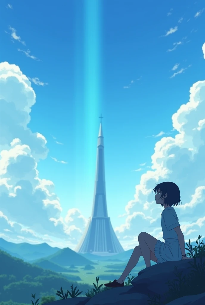 Anime girl sitting on a rock and looking at the sky,In the distance there is a tower reaching up into the sky, Shinkai Makoto cyril rolando, Anime Art Wallpaper 4K, Anime Art Wallpaper 4K, Cyril Rolando and Goro Fujita, anime art wallpaper 8 k, 4k anime wallpaper, Anime Wallpaper 4K, Anime Wallpaper 4K, ( ( Shinkai Makoto ) ), Shinkai Makoto!