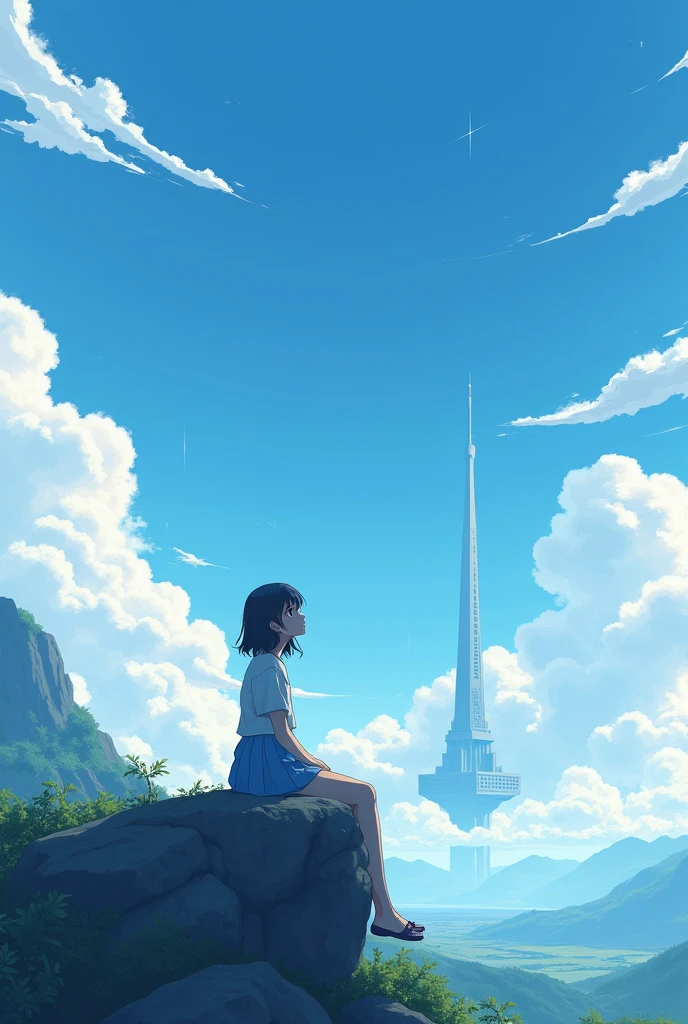 Anime girl sitting on a rock and looking at the sky,In the distance there is a tower reaching up into the sky, Shinkai Makoto cyril rolando, Anime Art Wallpaper 4K, Anime Art Wallpaper 4K, Cyril Rolando and Goro Fujita, anime art wallpaper 8 k, 4k anime wallpaper, Anime Wallpaper 4K, Anime Wallpaper 4K, ( ( Shinkai Makoto ) ), Shinkai Makoto!