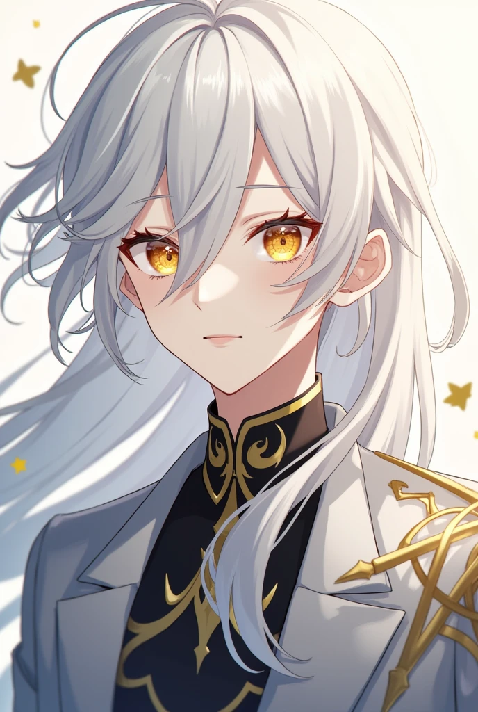 White-haired and golden eyes young man with Honkai star rail art style not so heavy detail make it pleasant to look