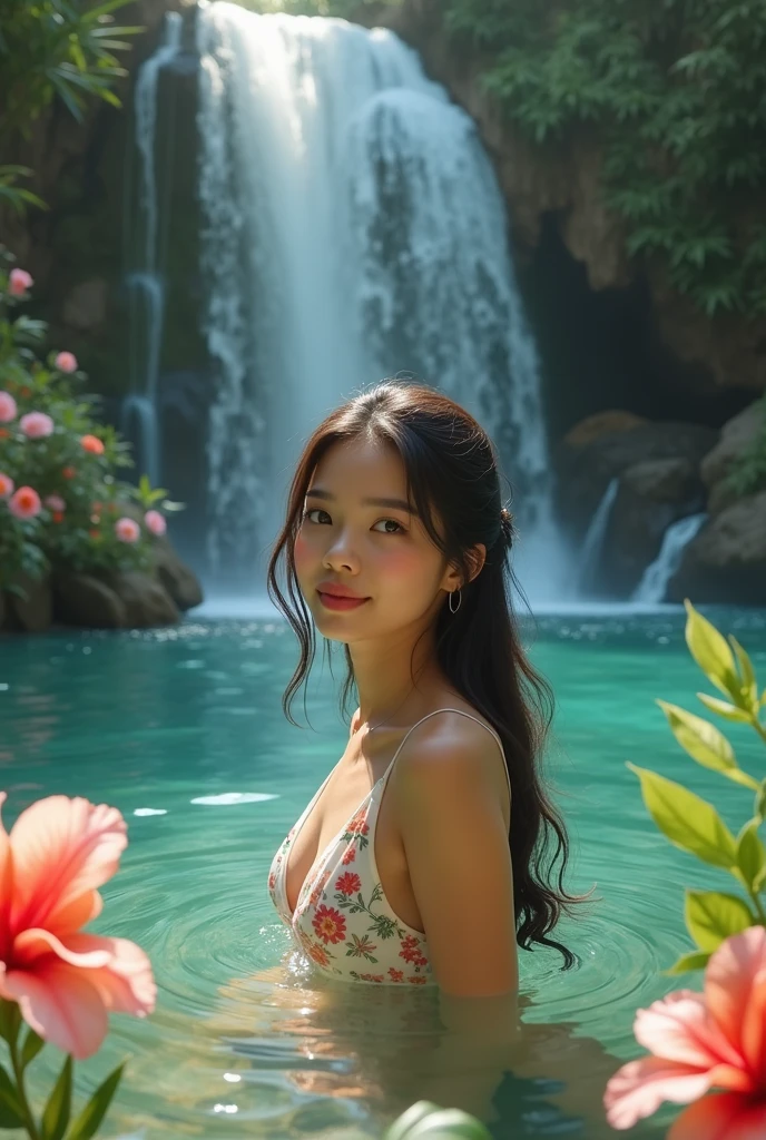 Create real pinay wearing froral red background in the water falls