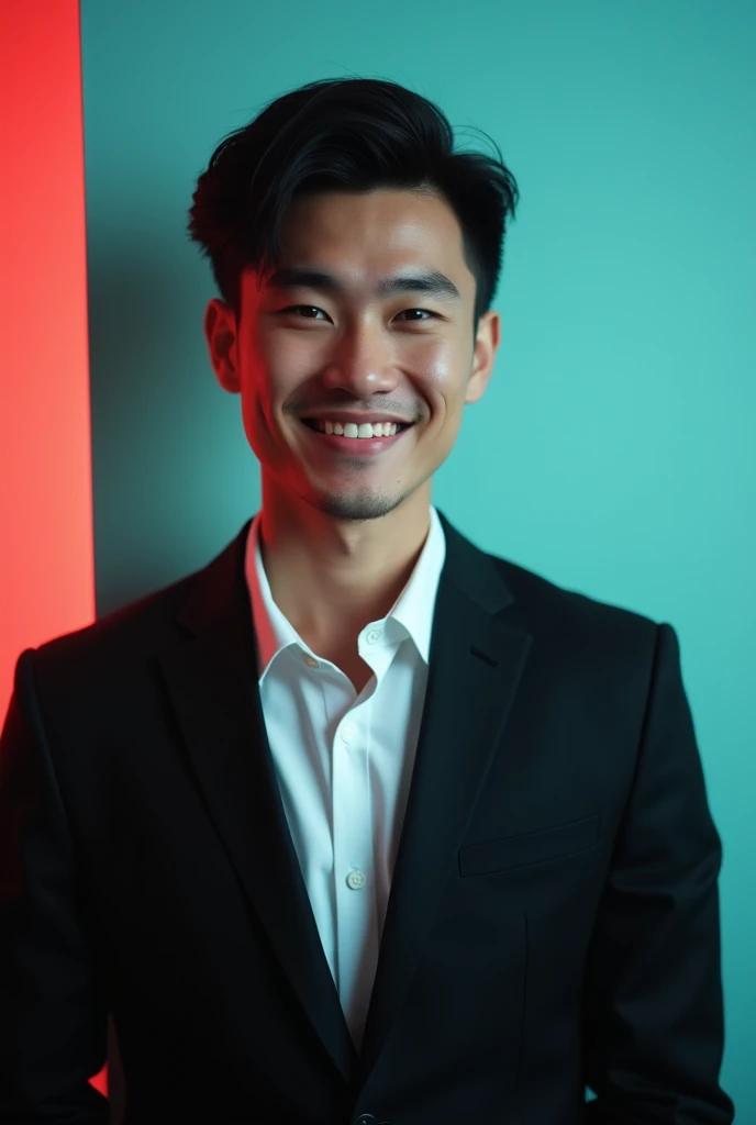 A young man with dark hair and a confident smile. He is dressed in a black blazer over a white shirt. The man is positioned against aqua colour backdrop with a subtle red lighting on the left side. and he posing for Linkedin profile