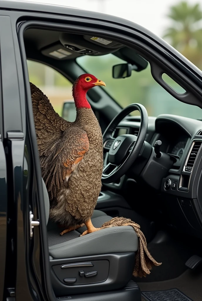 Make a Brazilian partridge (rhynchotus rufescens ) driving with the wings a black RAM 3500 the partridge driving with the wings the partridge INSIDE THE CAR perfectly and with the WINGS HOLDING THE STEERING WHEEL NOT THE LEGS and REMOVE THIS RED PART ON THE FACE but the image outside