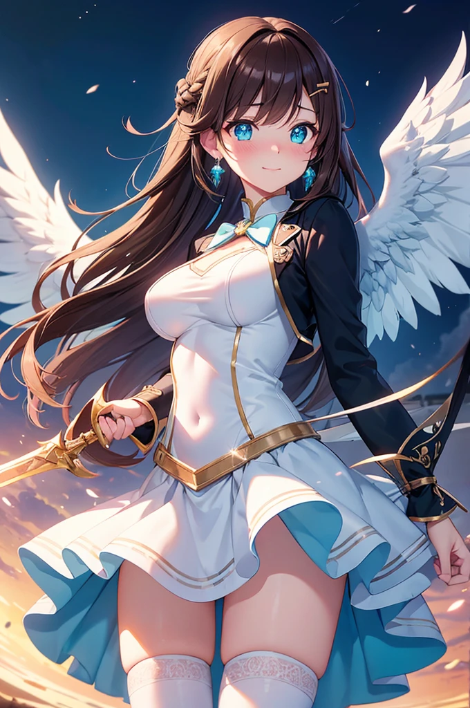 A beautiful girl in a short skirt holding a sword and a bird, outside, night, (magical girl), white leotard, fluffy layered skirt, thigh highs, bow, wand, wings, flying, floating, big rounds breasts, dark brown hair, long bangs, french braid, long hair, wavy hair, expressive hair, shiny hair, hairclip, hair ribbon, jewelry, aqua eyes, glowing eyes, pupils sparkling, earrings, blush, light smile, shy, embarrassed, nervous smile, beautiful detailed eyes, natural lighting, high detail, anime, anime style, depth of field, cinematic lighting, game CG, dithering, image fill, multiple views, wide shot, from above, from behind, from below, atmospheric perspective, perspective, panorama, Wide-Angle, f/1.8, 85mm, Nikon, 8k, super detail, masterpiece, retina, masterpiece, accurate, anatomically correct, textured skin, high details, best quality, highres, 16k