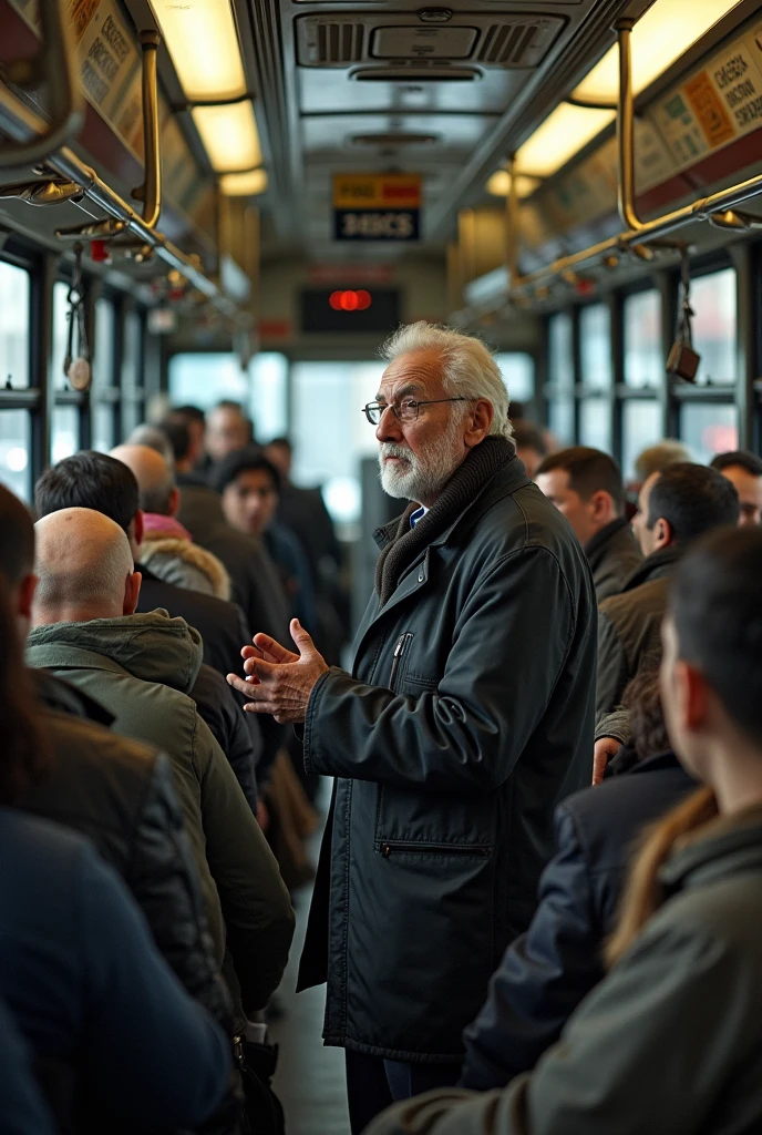 4 photo Un vieux homme debout en train de parler au gens dans un bus plein
