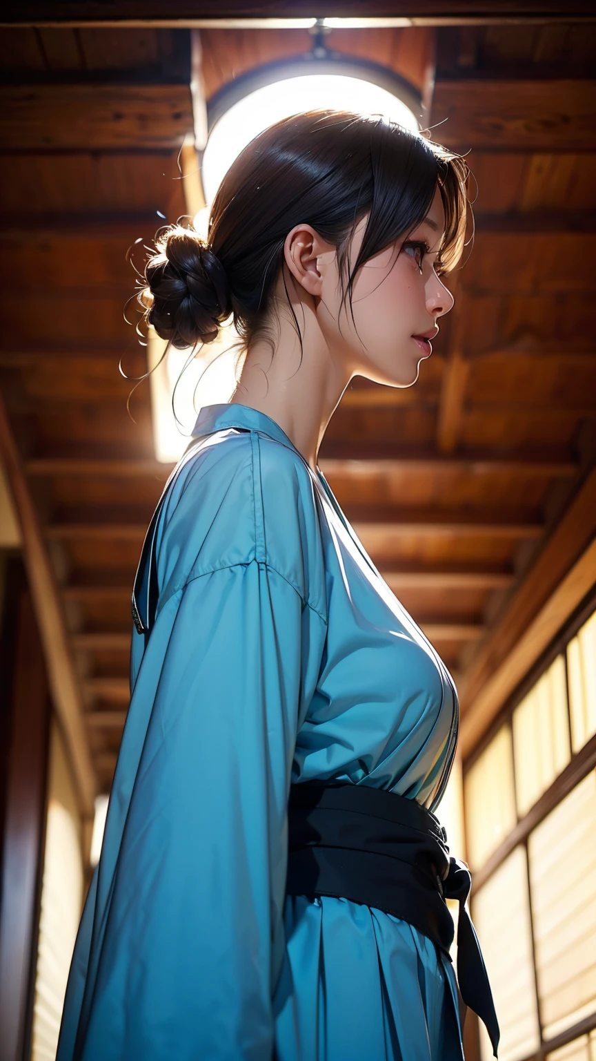 Realistic, masterpiece, Highest quality, Highest Resolution, High Detail, Soft Light, Professional Lighting, Backlight, Film Grain, The background is blurred, (Japanese high school girl, Height: 162cm, Small Tits), (The subject is a photograph of the upper body taken from below, profile:1.3), Walking, (I'm sweating a little, Hair is also wet with sweat), Laughing happily, Open your mouth, Beautiful and detailed eye drawing, Droopy eyes, Dark Eyes, Draw eyelashes carefully, Eyelash extensions, Gal Makeup, Orange Cheek, (White brown braids,Short Hair, middle part:1.3), (Hidden eyelid wrinkles:1.3), (nude, Completely naked:1.3), (Summer forest, Under the sun through the trees:1.3)