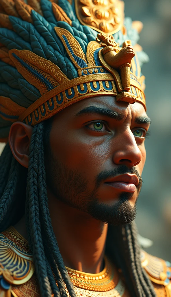 Create a close-up image of Shu, the god of air, with dark brown skin, green eyes, and a feathered headdress. He should be depicted actively separating the sky from the earth, with traditional Egyptian aesthetics and cosmic elements in the background. Use masterpiece, best quality, CG, wallpaper, HDR, high quality, ultra detailed face, cinematic, high detail, 8k, raw, high, artstation HQ, unreal engine, octane renderer, 4k resolution, hyperrealistic, highly detailed, and absurdres settings