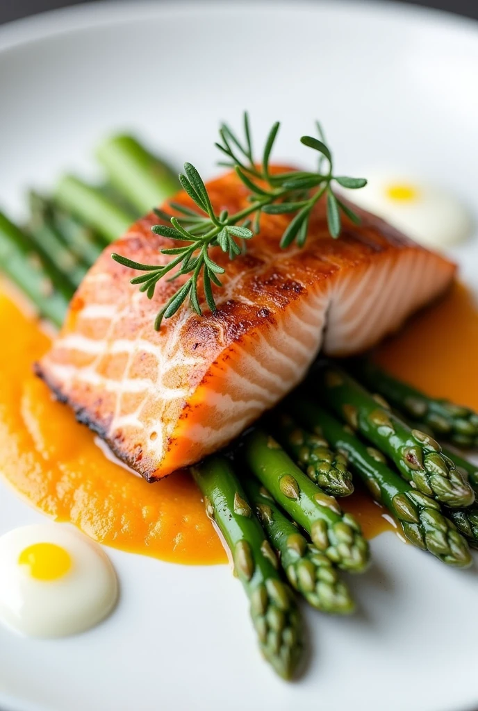 Salmon confit on asparagus, white sauce, herb oil and sweet potato puree. So luxurious.