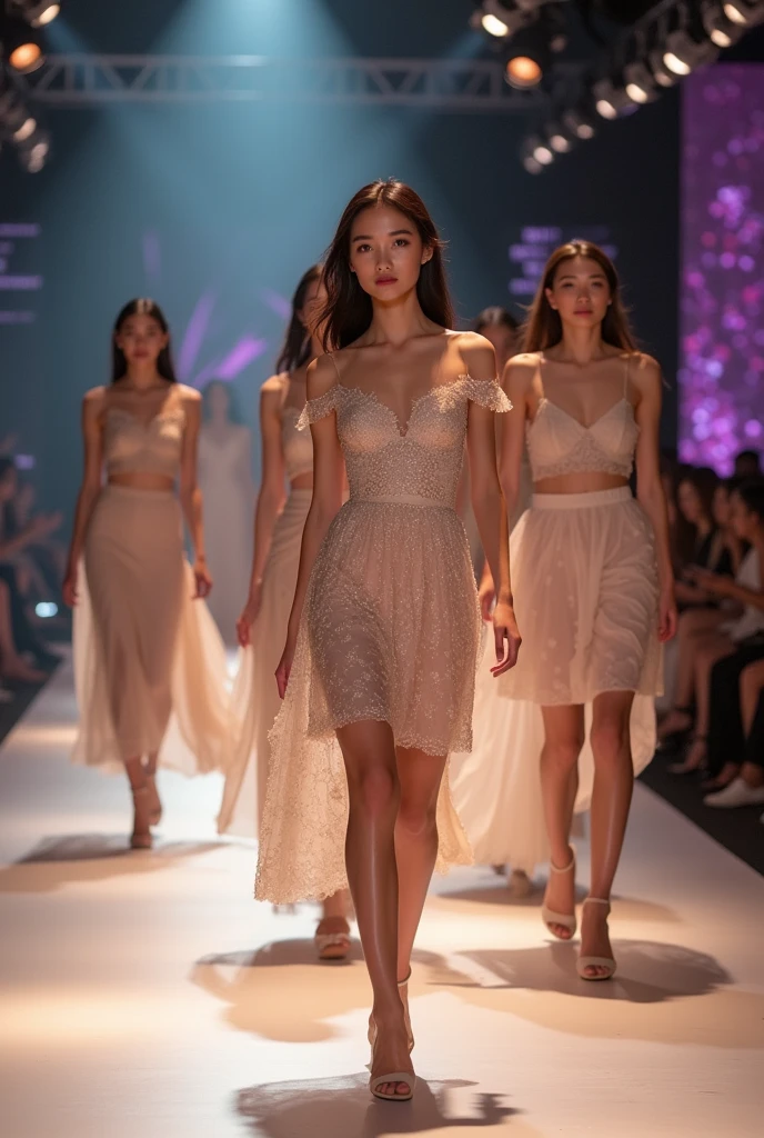 Asian models wearing beautiful dresses are walking the runway, with the background being the fashion show. The neckline of the dress the model is wearing is round, and the hemline is short. The model is facing forward.