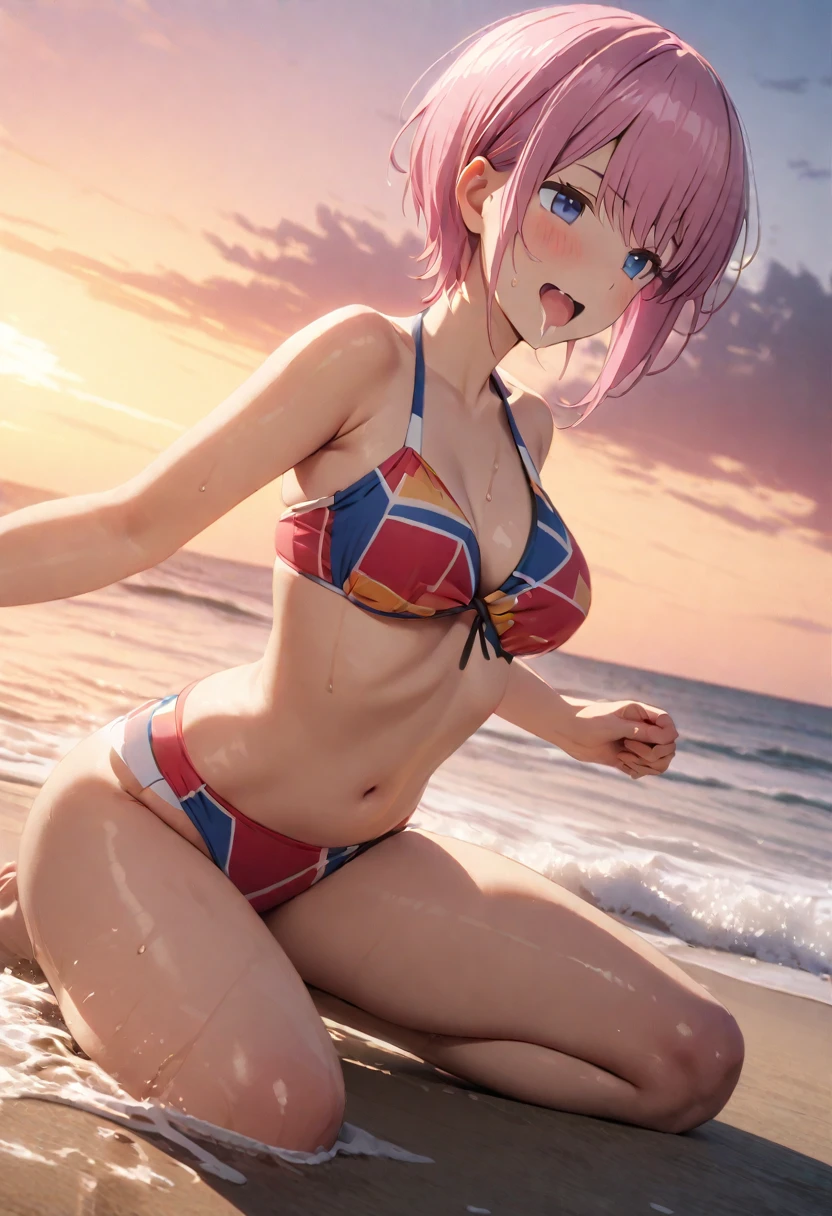 (Highest quality, 4K, 8k, High resolution, masterpiece:1.2), Very detailed, Picturesque, Animated Photography, Photo Animation:1.37)、A Japanese girl、(Pink Hair)、(Pixie Cut)、bikini、(bikini color:random)、black cheokr、 on beach、ecstasy face、trembling、Sweat、Drooling、from below、Full body photography、Nakano ichika