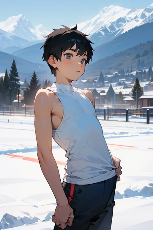 Snowy mountains in the background、An elementary school boy standing wearing a tight white Y-back tank top