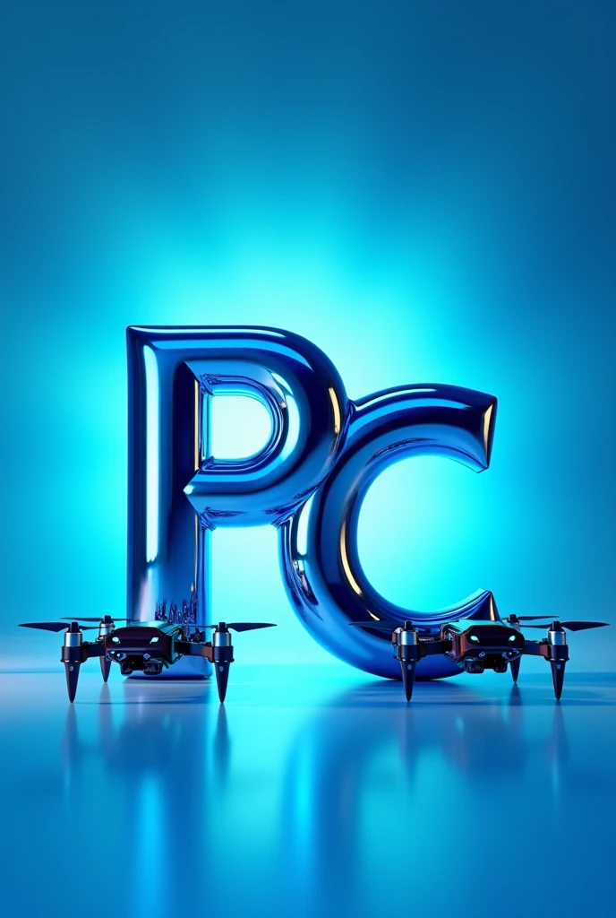 PRODUccIONES cAMAJA EN LETRAS cROMADAS, with a blue image with a blurred background, and with drones, one on the right, and one on the left, focusing on the initials, with the initials P,c