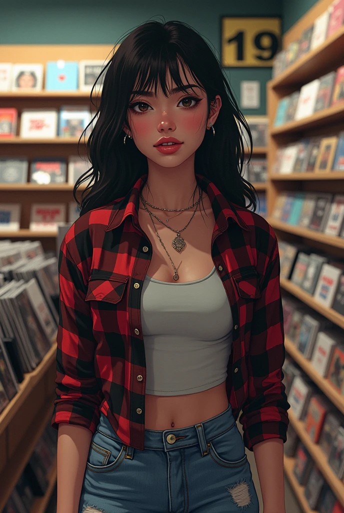 Makoto Shinkai style anime Seductive close-up of a young woman with grunge aesthetic, the year 1995、Browsing a record store in an American shopping mall. The woman is wearing a flannel shirt, Ripped jeans, Combat Boots, And it's casual, Confident attitude. Record store shelves、that'Mr.々Lots of vinyl records., classic rock mix, Exchange, And grunge music. The overall atmosphere of the image is nostalgic.., that captures the essence of the 90s grunge era..